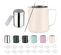 Zuquik Pot à Lait Barista en Acier Inoxydable de 350 ml Avec Mesure Mark 12oz, Pot à Mousse de Lait avec Saupoudreur de Cacao, 16 Pochoirs et Stylo pour Cappuccino et Expresso,Blanc