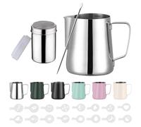 Zuquik Pot à Lait Barista en Acier Inoxydable de 350 ml Avec Mesure Mark 12oz, Pot à Mousse de Lait avec Saupoudreur de Cacao, 16 Pochoirs et Stylo pour Cappuccino et Expresso,Argent