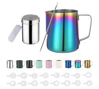 Zuquik Pot à Lait Barista en Acier Inoxydable de 350 ml Avec Mesure Mark 12oz, Pot à Mousse de Lait avec Saupoudreur de Cacao, 16 Pochoirs et Stylo pour Cappuccino et Expresso,Vieux Rose
