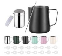 Zuquik Pot à lait Barista en acier inoxydable de 350 ml avec mesure Mark 350 ml, pot à mousse de lait avec saupoudreur de cacao, 16 pochoirs et stylo pour cappuccino et expresso, Nior