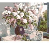 Zuty - Peinture au diamant - CHATON BLANC ET LILAS DANS UN VASE, 40 x 50 cm, toile tendue sur châssis