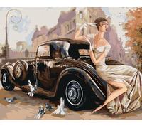Zuty - Peinture par numéros - DAME PRÈS D'UNE VOITURE RÉTRO, 40 x 50 cm, toile tendue sur châssis