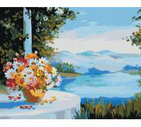 Zuty - Peinture par numéros - MAISON AU BORD DE LA MER AVEC DES FLEURS SUR LA TABLE, 40 x 50 cm, toile tendue sur châssis