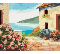 Zuty - Peinture par numéros - MAISON AU BORD DE LA MER ET FLEURS, 40 x 50 cm, toile tendue sur châssis