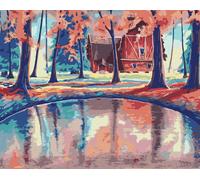 Zuty - Peinture par numéros - MAISON ROUGE DANS LA FORÊT AVEC LAC MAGIQUE, 40 x 50 cm, toile tendue sur châssis