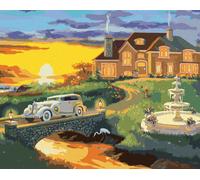 Zuty - Peinture par numéros - VOITURE BLANCHE QUITTANT LA MAISON ET COUCHER DE SOLEIL (D. RUSTY RUST), 40x50 cm, toile tendue sur châssis