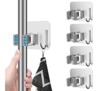 Zuvo Accroche Balai Mural Adhésif, Lot de 4 Porte Balais Acier Inoxydable | SUS 304, sans perçage, pince à rouleaux caoutchouc, 1 crochet par support, finition brossée, argenté