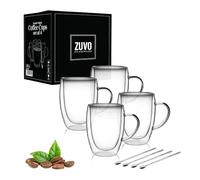 Zuvo Tasses à Café en Verre Double Paroi avec Anses - Lot de 4 Mugs & 4 Cuillères | Résistantes à la Chaleur pour Cappuccino, Latte & Thé | Coffret Cadeau Élégant, Boissons Chaudes & Froides