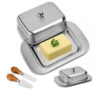 Zuxbolf Beurrier en Acier Inoxydable, Beurrier avec Couvercle et Poignée | Récipient à Beurre Boite a Beurre pour Frigo avec Couteau à Beurre et Fourchette pour Conserve Fromages, Gâteaux, Desserts