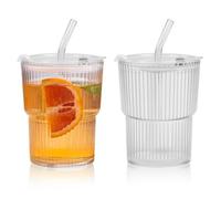 Zuxbolf Lot de 2 Verres à Café Glacé, 400ML Gobelets en Verre | avec Couvercle et Paille, Verre Matcha Latte, Tasse à Dessert Verrerie Vintage pour Latte, Thé, Glace, Lait, Bière, Smoothie