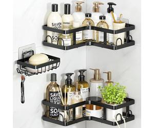 ZVZM tablette de douche noir inox coin 3 pièces 12 crochets tablette salle de bain