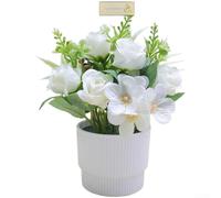 ZWEquipint Fleurs artificielles en soie dans un pot rayé, fausses roses réalistes au toucher pour la maison, le bureau, la décoration de table de mariage, entretien facile, 12 x 15 cm (blanc)