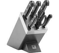 ZWILLING Bloc de Couteaux avec Auto-Affûtage (7 Pièces), Bloc Gris en Bois de Frêne, Couteaux & Ciseaux en Acier Inoxydable Spécial, Manche Plastique, série Gourmet