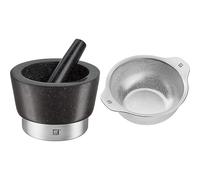 ZWILLING Mortier avec Pilon, Ø 15 cm, Hauteur: 10 cm, Granite, Noir, série Spices & Passoire, 16 cm, Acier Inoxydable 18/10 de Haute Qualité, série Table, 17 x 16 x 8 cm, Inox Mat