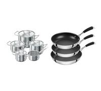 ZWILLING Set de 5 Casseroles, 4 Couvercles, Adapté à la Chaleur à Induction, Argenté 18/10, série Twin & set de 3 poêles avec revêtement antiadhésif 4 couches, Inox 18/10, 20 cm + 24 cm + 28 cm