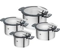 ZWILLING Simplify Batterie de Cuisine 4 Pièces, Inox, Induction | Couvercles avec passoire intégrée, fonction verseuse, poignées Stay-Cool, Gris