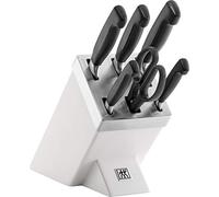ZWILLING VIER STERNE Bloc de Couteaux Auto-Aiguisant 7 Pièces, Blanc | 5 couteaux : d'office, universel, à trancher, de chef, à pain + ciseaux, acier spécial inoxydable, fabriqués en Allemagne