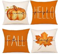 ZWJD Housses de coussin Automne 50x50 Lot de 4 Décoration d'automne Housses de coussin Décoration d'automne Housses de coussin en lin Feuilles d'érable Citrouille Coussin pour canapé décoratif Maison 