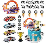 ZWLIYCHN Cars Lot de 24 décorations de gâteau Hot Whels avec décoration de gâteau, 4 modèles de voitures 3D, drapeau cible, pneus, trophée, décoration d'anniversaire, décoration de cupcake pour