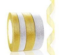 ZWZNBL Lot de 4 rubans d'emballage cadeau de 20 mm et 10 mm - 88 m - Ruban en organza à paillettes pour sapin de Noël - 4 x 22 m, Or, argent.