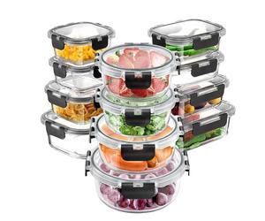 Zykphao Lot de 24 boîtes de conservation en verre avec couvercle hermétiques pour préparation des repas [12 conteneurs + 12 couvercles] Boîtes à déjeuner Bento avec couvercles anti-fuite pour