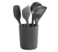 Zyliss Lot de 5 Ustensiles de Cuisine Durables en Paille de Blé/Silicone avec Louche, Spatule, Cuillère et Support, Têtes en Silicone Résistantes à la Chaleur, Gris Béluga