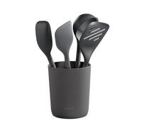 Zyliss Lot de 5 Ustensiles de Cuisine Durables en Paille de Blé/Silicone avec Louche, Spatule, Cuillère et Support, Têtes en Silicone Résistantes à la Chaleur, Gris Béluga