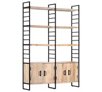 zylophax Bibliothèque à 4 Niveaux en Bois de manguier Massif avec Cadre en Fer 124x30x180 cm, 4 Portes, 6 étagères, Meuble de Rangement Robuste pour Salon Bureau Chambre Rangement Livres dossiers