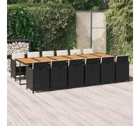 zylophax Ensemble à Manger de Jardin 13 pcs en résine tressée Noir avec Coussins Blanc crème Table Bois Acacia Massif 331x107x74 cm 12 chaises Acier Enduit Polyester pour terrasse extérieur Repas