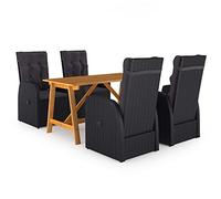 zylophax Ensemble à Manger de Jardin 5 pcs Noir avec Table en Bois d'acacia Massif 140x70x73,5 cm, chaises en résine tressée et Acier, Coussins Polyester