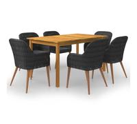 zylophax Ensemble à Manger de Jardin 7 pcs en Bois d'acacia Massif et résine tressée Noir avec Coussins Polyester pour terrasse Balcon extérieur Repas détente Confortable