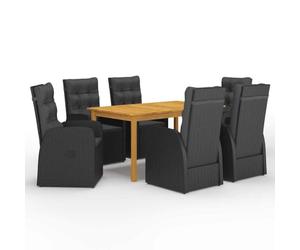 zylophax Ensemble à Manger de Jardin 7 pcs Noir avec Table Bois Acacia 150x90x74 cm chaises résine tressée Acier Coussins Polyester pour terrasse extérieur Repas détente