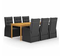 zylophax Ensemble à Manger de Jardin 7 pcs Noir avec Table Bois d'acacia 200x100 cm chaises résine tressée Acier Coussins Polyester pour terrasse Balcon extérieur détente Repas Confortable
