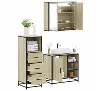 zylophax Ensemble Meuble Salle de Bain 3 pièces chêne Sonoma Bois d'ingénierie métal Verre avec Armoire Miroir Vasque lavabo Rangement Suspendu Colonne tiroir pour sdb Toilette buanderie