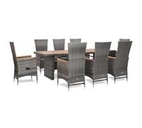 zylophax Ensemble mobilier Jardin 9 pièces résine tressée Gris avec Coussins Polyester, Table Bois Acacia 240x90 cm, 8 chaises inclinables Acier