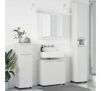 zylophax Ensemble mobilier Salle de Bain Blanc 4 pcs Bois d'ingénierie avec tiroir Miroir Vasque Colonne Rangement Suspendu Pieds Chignon Espace Gain Place pour sdb Toilette buanderie