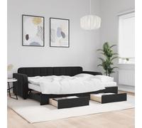 zylophax Lit de Jour Noir 80x200 cm Velours avec lit gigogne, tiroirs de Rangement, Cadre Bois et métal, sommier à Lattes, Matelas Mousse, canapé Convertible pour Chambre Adulte ou Studio