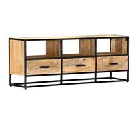 zylophax Meuble TV en Bois de manguier Massif 120x30x45 cm avec 3 tiroirs 3 étagères Cadre en Fer Finition Naturelle Style Industriel pour Salon séjour Rangement Audio vidéo