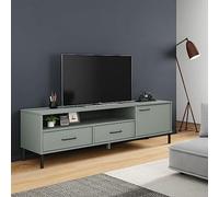 zylophax Oslo Meuble TV gris en pin massif avec pieds en métal 158 x 40 x 46,5 cm, 2 tiroirs, 4 compartiments, meuble TV bas moderne pour salon, buffet stable avec espace de rangement