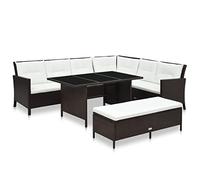 zylophax Salon de Jardin 3 pièces en résine tressée Marron avec Coussins crème, canapé en L, Table en Verre 120x70 cm, Banc 110x40 cm, Ensemble mobilier extérieur pour terrasse et Patio détente Repas