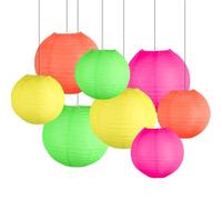 ZYOOO Lot de 8 Lanternes Papier Néon - Lampions Couleurs Vives (20/25cm) pour Fête d'Été, Anniversaire & Soirée Disco - Boule Chinoise Papier Rose, Jaune, Vert & Orange