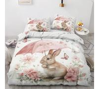 ZyxMehtic Housse de Couette 90x190 Lapin Rose - Parure de Lit 1 Personne Parapluie Floral Housse Couette en Microfibre Douce avec Fermeture Éclair avec 1 Taie d'oreiller 65x65 cm