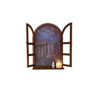 ZZHYTANG Déco Murale Fausse fenêtre Arche avec Tablette, Paysage Vintage | Cadre vintage en arche, volets ouvrants, paysage intégré et tablette inférieure. Bois massif, crochets préinstallés(E)