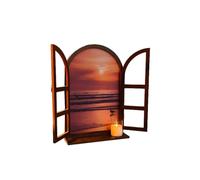 ZZHYTANG Déco Murale Fausse fenêtre Arche avec Tablette, Paysage Vintage | Cadre vintage en arche, volets ouvrants, paysage intégré et tablette inférieure. Bois massif, crochets préinstallés(B)