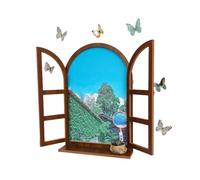 ZZHYTANG Déco Murale Fausse fenêtre Arche avec Tablette, Paysage Vintage | Cadre vintage en arche, volets ouvrants, paysage intégré et tablette inférieure. Bois massif, crochets préinstallés(D)