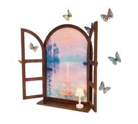 ZZHYTANG Déco Murale Fausse fenêtre Arche avec Tablette, Paysage Vintage | Cadre vintage en arche, volets ouvrants, paysage intégré et tablette inférieure. Bois massif, crochets préinstallés(C)