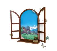 ZZHYTANG Déco Murale Fausse fenêtre Arche avec Tablette, Paysage Vintage | Cadre vintage en arche, volets ouvrants, paysage intégré et tablette inférieure. Bois massif, crochets préinstallés(H)
