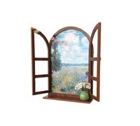 ZZHYTANG Déco Murale Fausse fenêtre Arche avec Tablette, Paysage Vintage | Cadre vintage en arche, volets ouvrants, paysage intégré et tablette inférieure. Bois massif, crochets préinstallés(K)