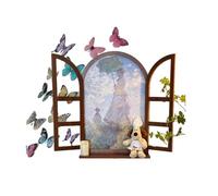 ZZHYTANG Déco Murale Fausse fenêtre Arche avec Tablette, Paysage Vintage | Cadre vintage en arche, volets ouvrants, paysage intégré et tablette inférieure. Bois massif, crochets préinstallés(G)