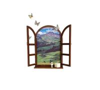ZZHYTANG Déco Murale Fausse fenêtre Arche avec Tablette, Paysage Vintage | Cadre vintage en arche, volets ouvrants, paysage intégré et tablette inférieure. Bois massif, crochets préinstallés(F)